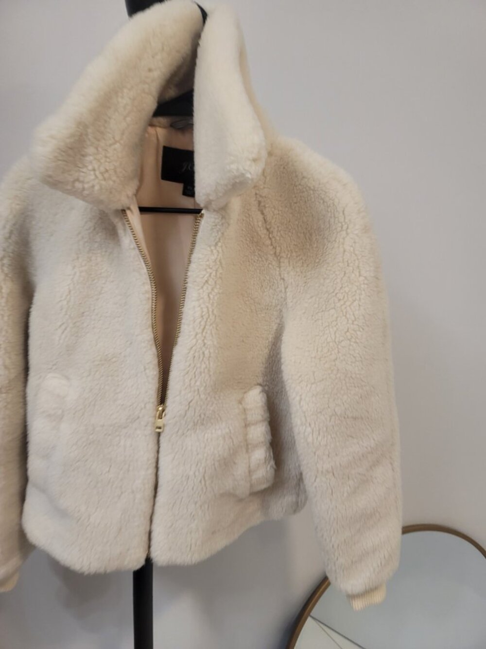 J Crew Sherpa Zip Up Bomber Jacket Cream Faux Shearling Fleece Womens Xs - Picture 3 of 7